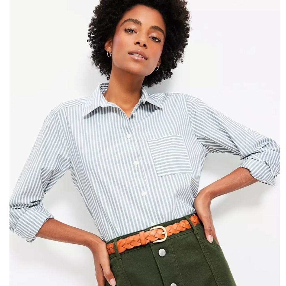 LOFT Striped Button-Down Shirt in Green and White